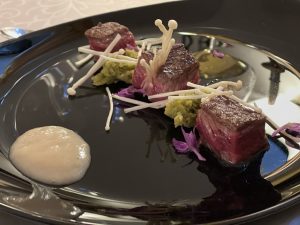 Prussian beef with enokitake mushrooms, asparagus sponge-cake and enokitake sauce