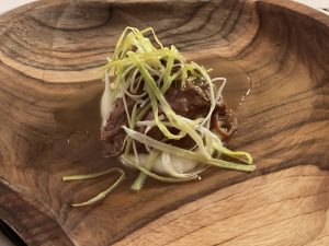 Sous vide pork, smoked carrot and potato purée, crispy fried leek
