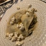 Palačinke, zucchini, foamed butter, popcorn, and stravecchio Montasio cheese